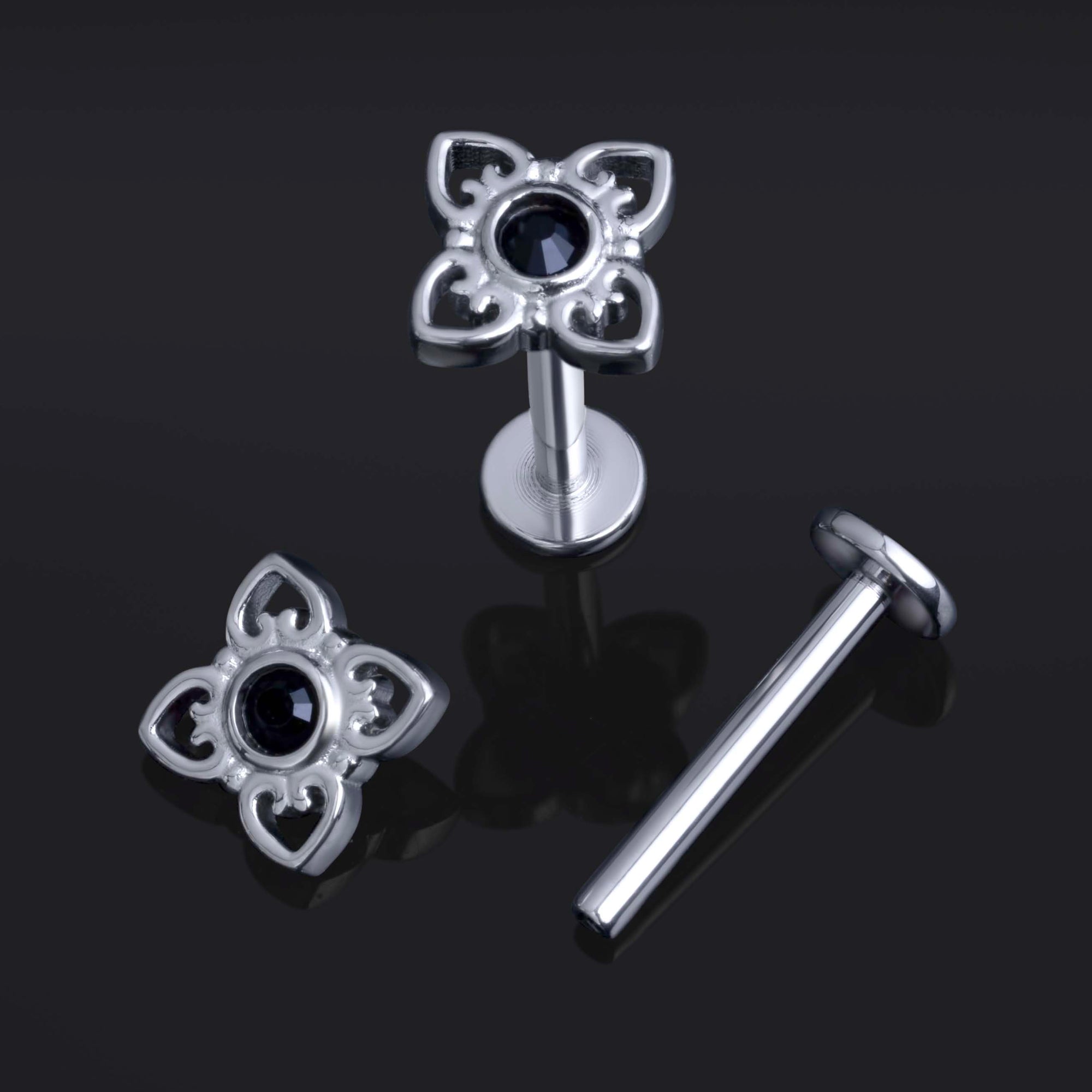 Gothic Filigree, Black Stone, Internally Threaded, Labret Stud, ASTM F136 Titanium