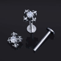 Argent, croix gothique ornée, filetage interne, piercing labret, titane ASTM F136