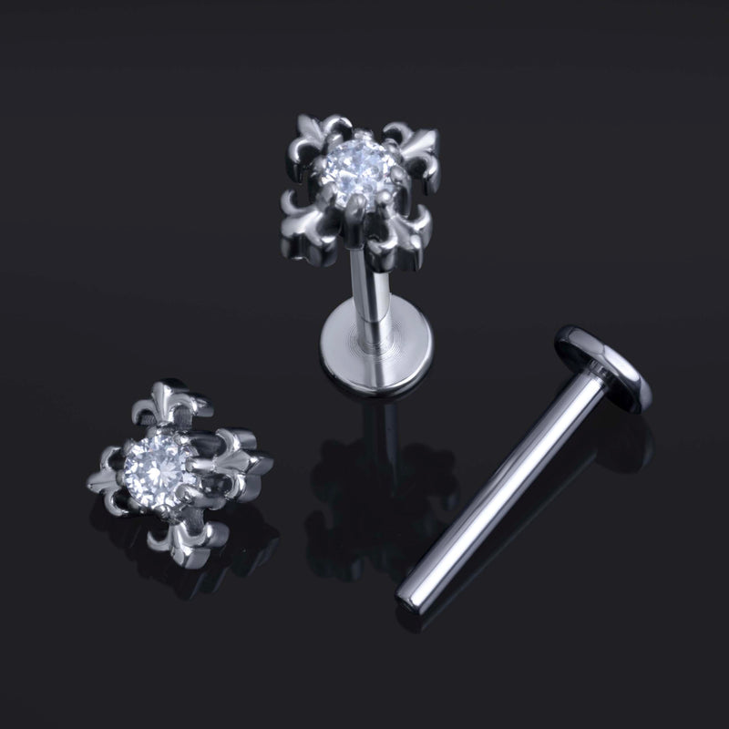 Argent, croix gothique ornée, filetage interne, piercing labret, titane ASTM F136