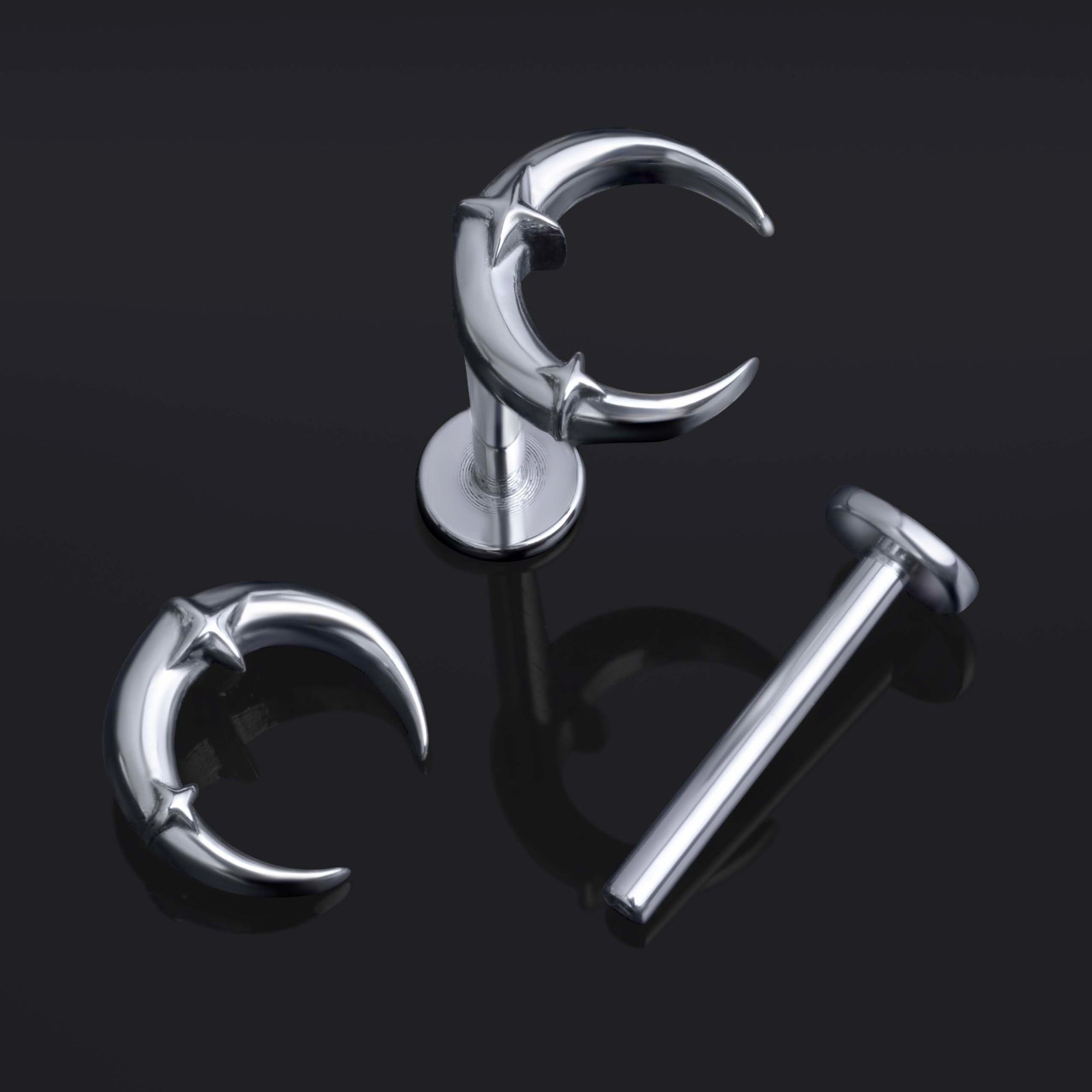 Silver, Crescent Moon and Stars, Internally Threaded, Labret Stud, ASTM F136 Titanium