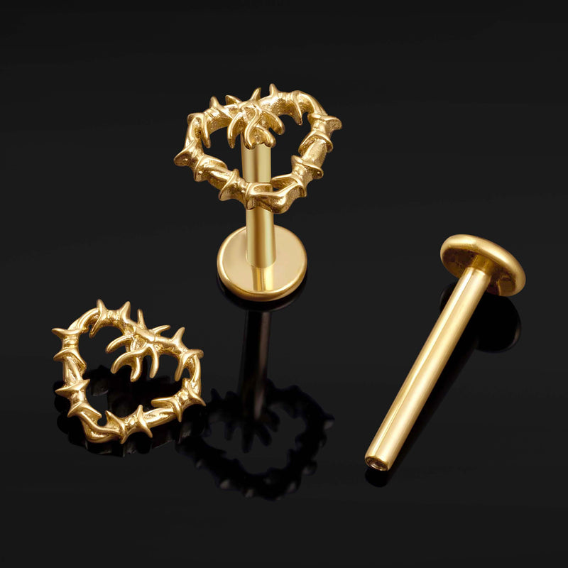 Clou de labret, doré, cœur en fil barbelé, filetage interne, titane, calibre 1,2 mm