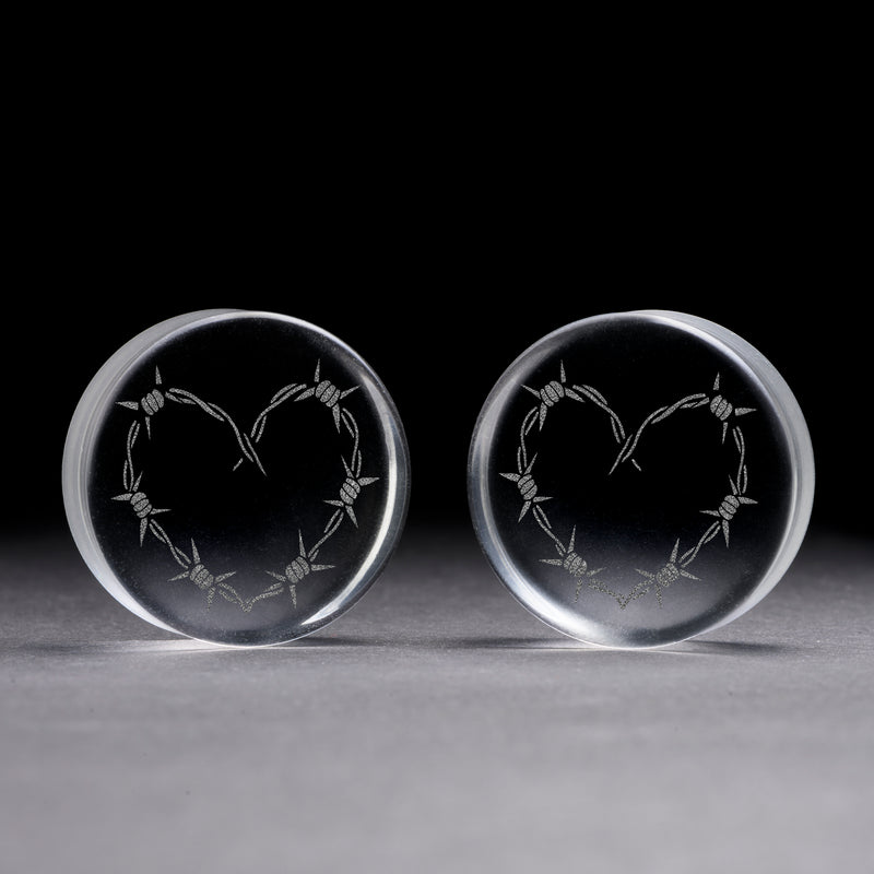 Plug / Gauge Tatouage cœur en fil barbelé - Verre transparent | Face plate double évasé