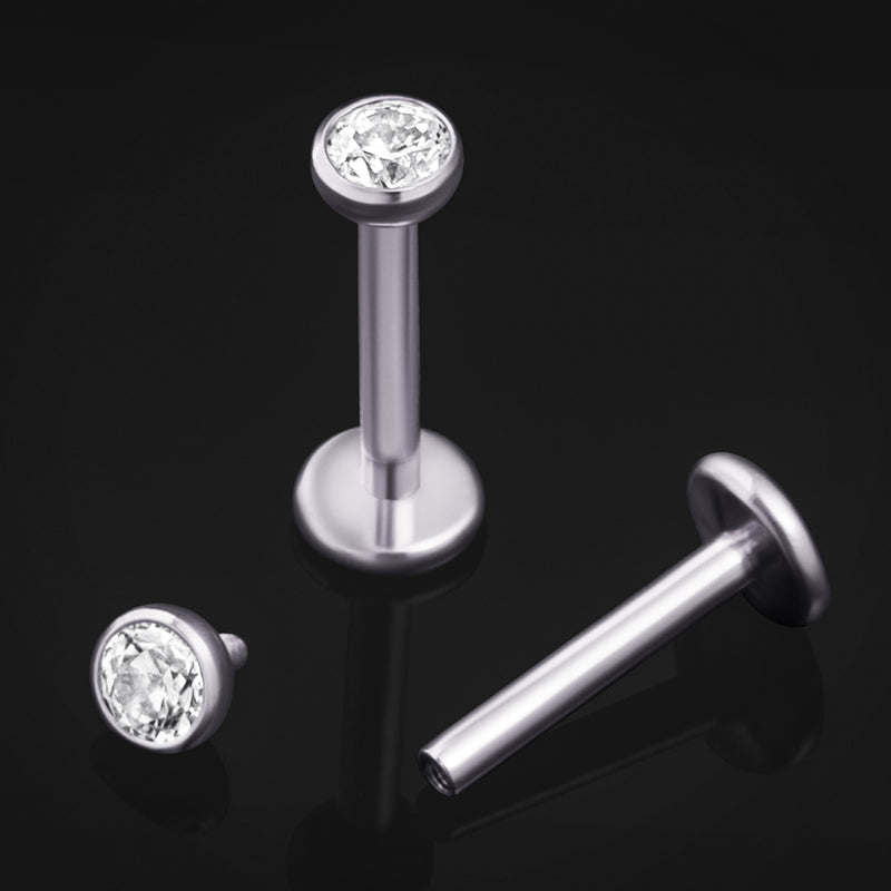 Argent, pierre CZ sertie en biseau, filetage interne, labret, tige en titane