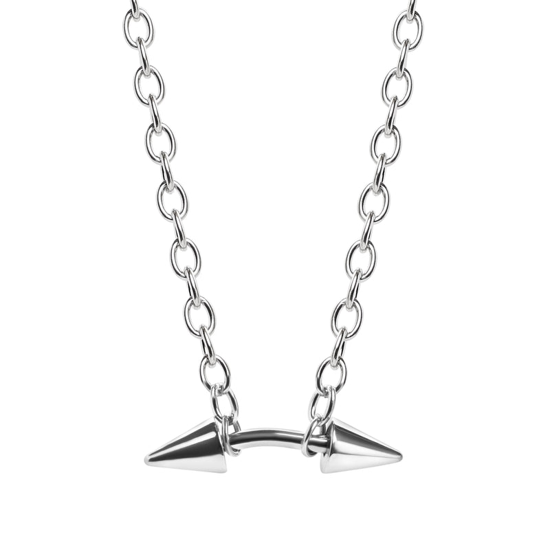 Collier ras-du-cou chaîne avec barre courbée à grosses pointes en acier argenté