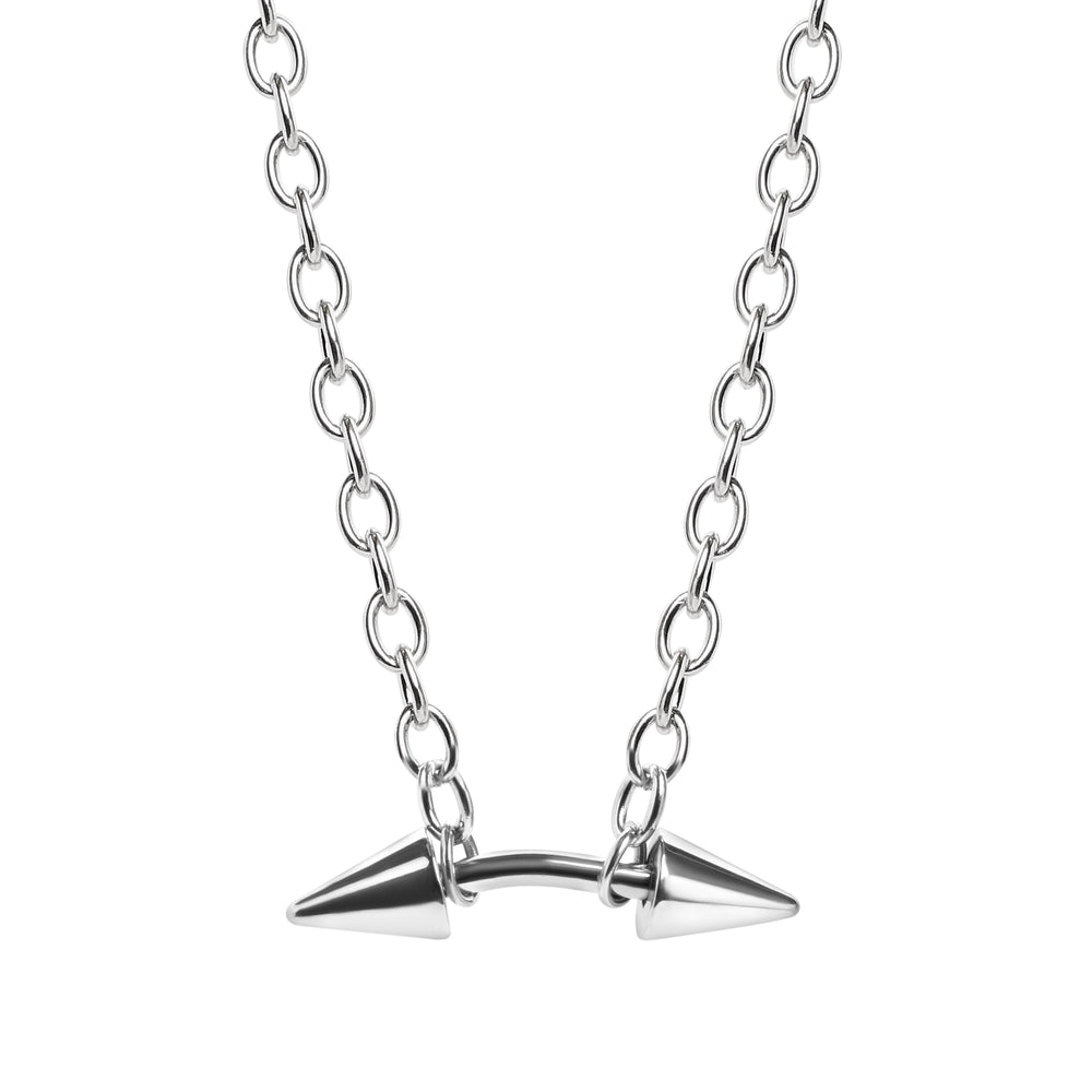 Silver Steel Large Spiked Curved Barbell Chain Choker Necklace - Silver Steel Large Spiked Curved Barbell Chain Choker Necklace / Alternative Jewellery
