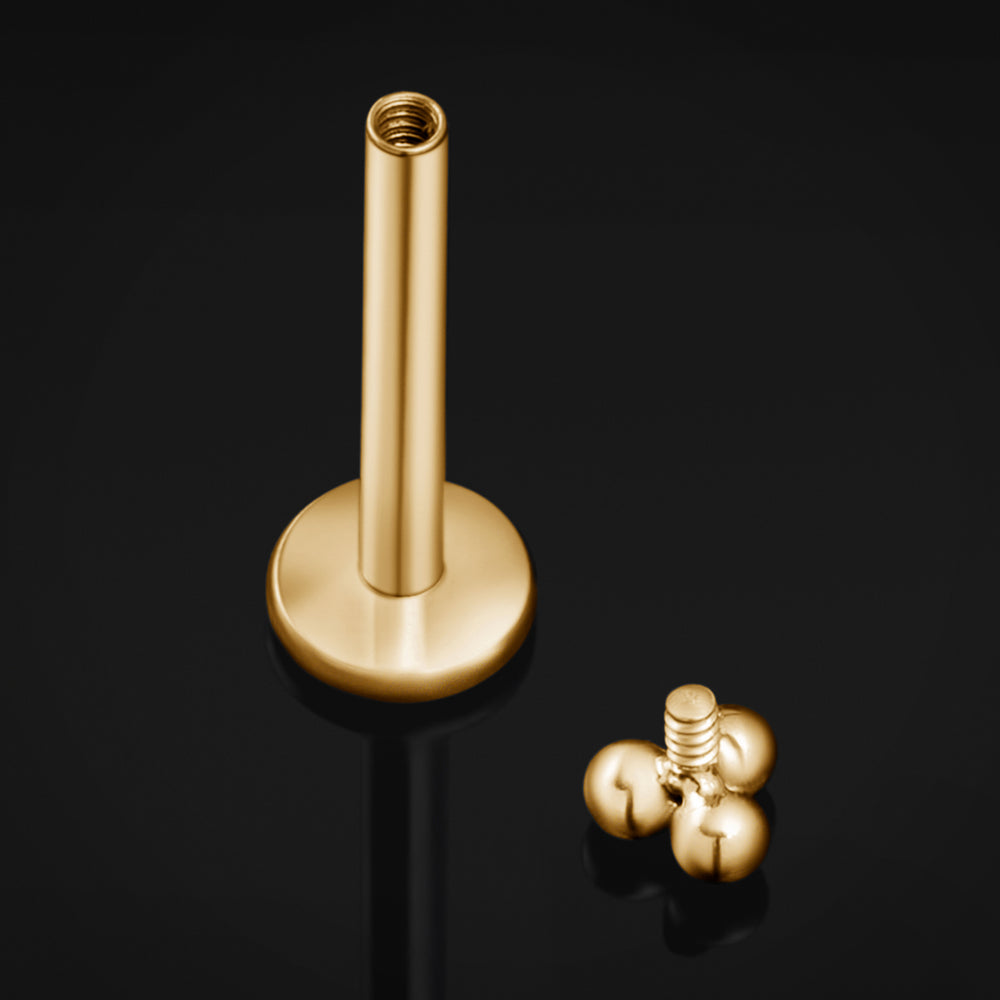 Gold Triple Dot Internally Threaded Titanium Labret Stud 1.2mm Gauge - Gold Triple Dot Labret Stud- 6mm / 8mm / 10mm Internally Threaded / Basics / Essential Body Jewellery / Lip / Nose / Ear Labret