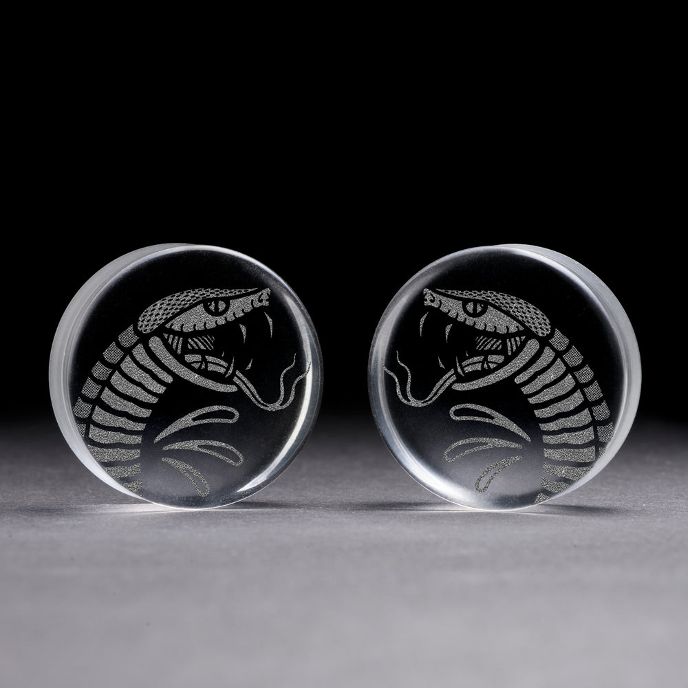 Snake Bite Plug / Gauge - Clear Glass | Flat Faced Double Flare - Lasered To Order In House At Custom Plugs HQ