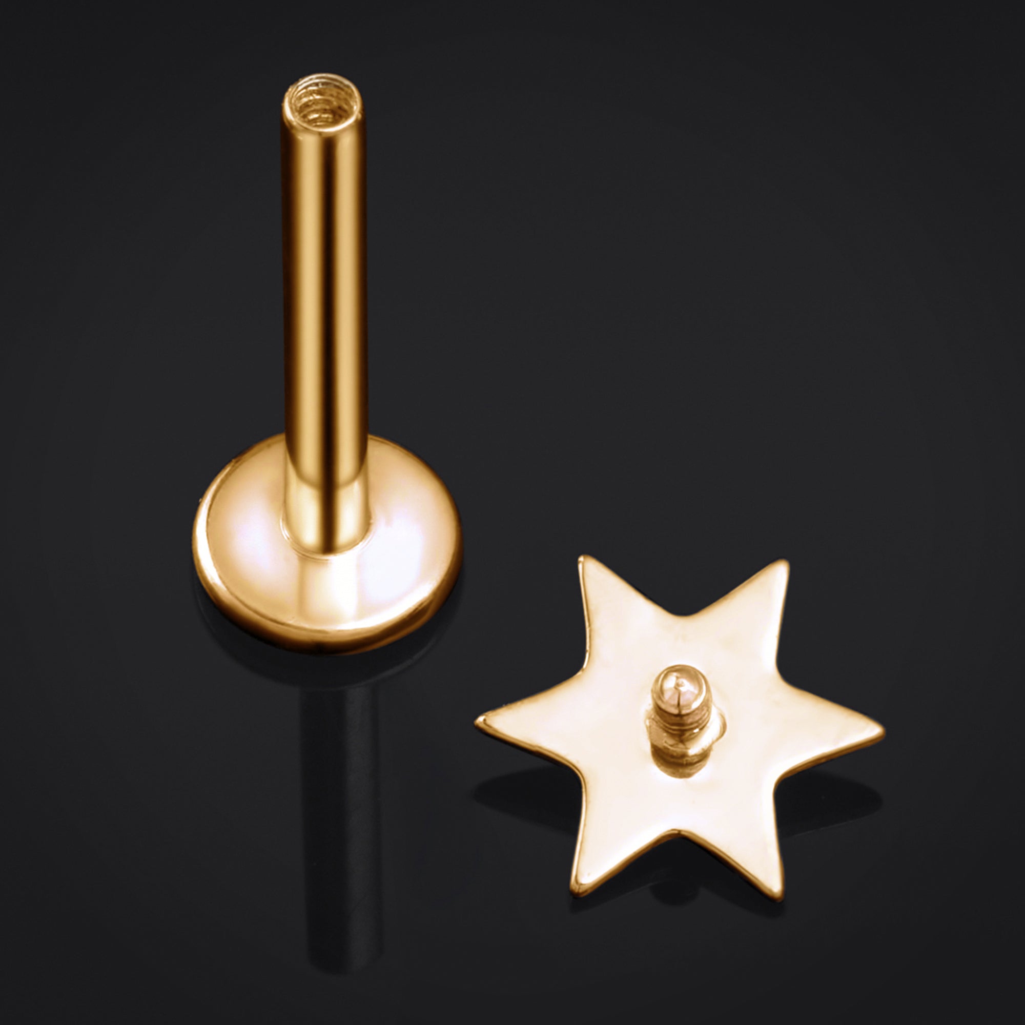 Labret Stud, Gold, Star, Internal Thread, Titanium, 1.2mm