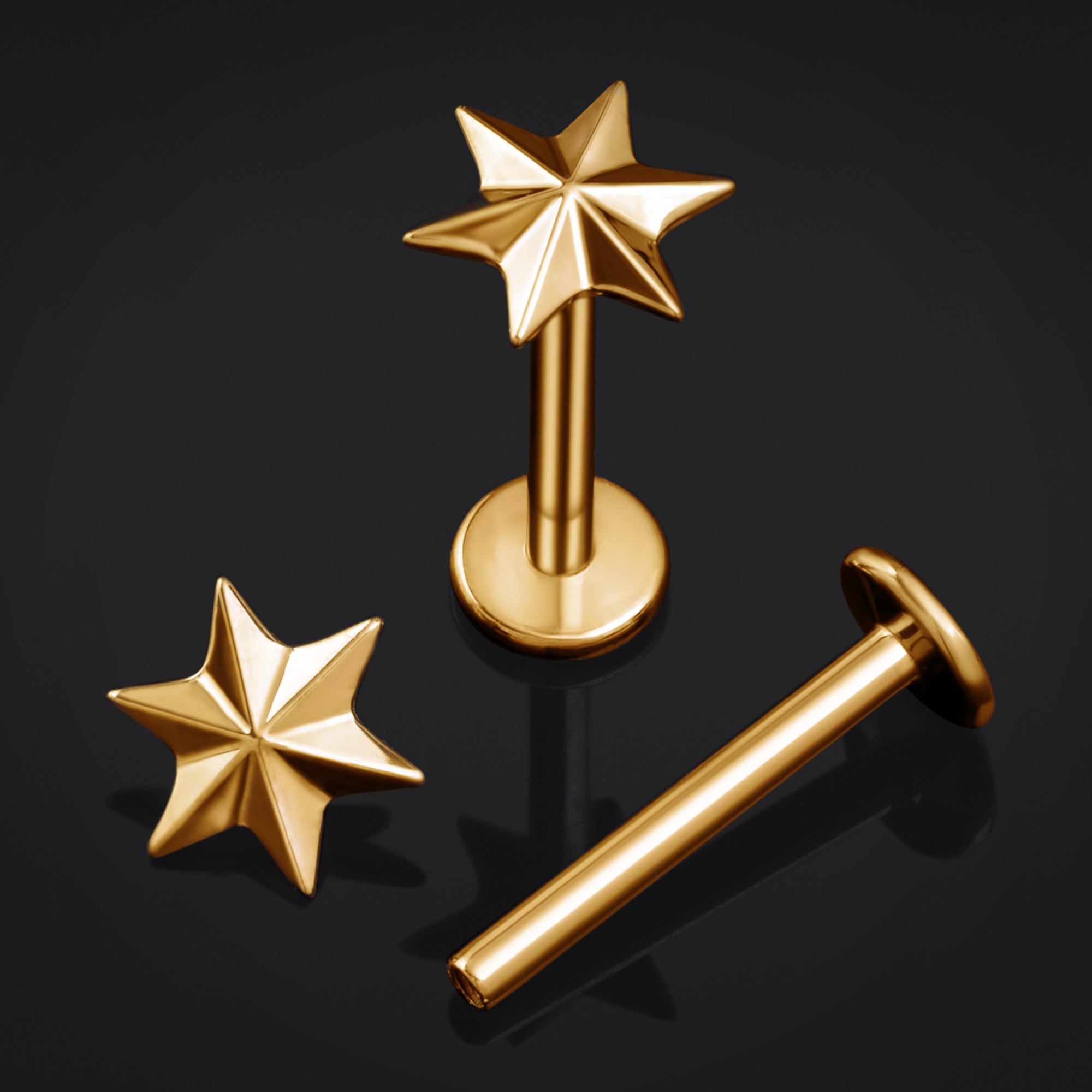Labret Stud, Gold, Star, Internal Thread, Titanium, 1.2mm