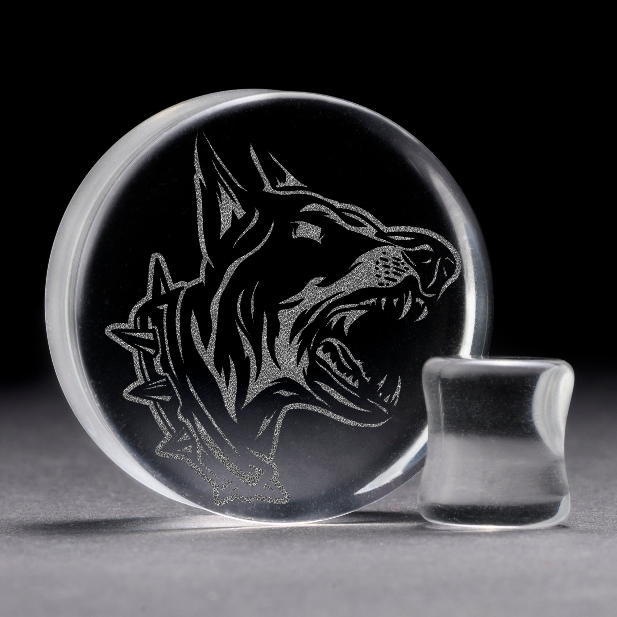 Angry Doberman Dog Plug / Gauge - Clear Glass | Flat Faced Double Flare