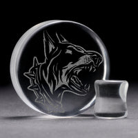 Plug / Gauge Chien doberman en colère - Verre transparent | Face plate double évasé