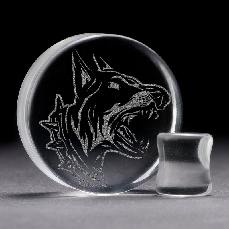 Plug / Gauge Chien doberman en colère - Verre transparent | Face plate double évasé