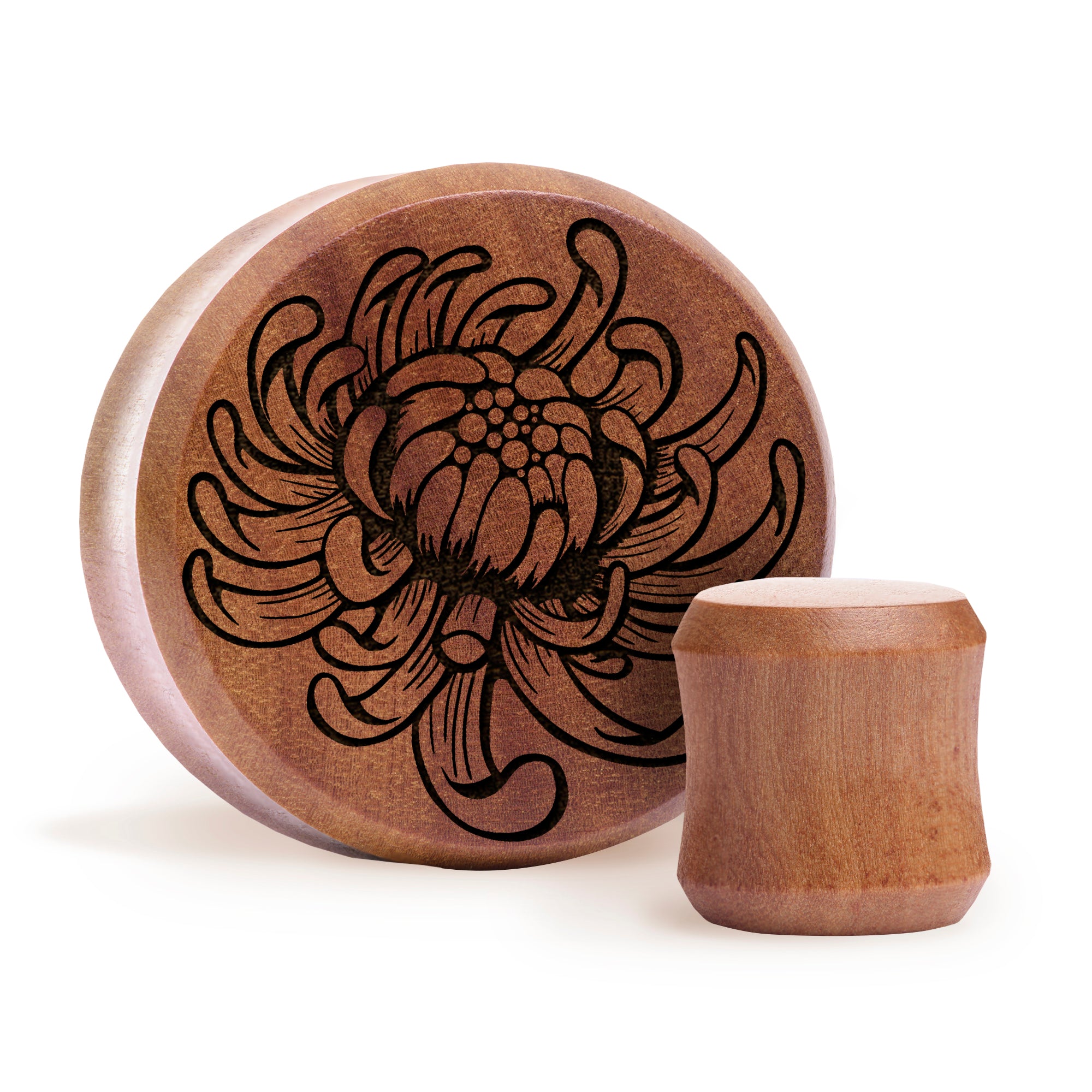 Chrysanthemum Flower Plug / Gauge - Saba Wood | Flat Faced Double Flare