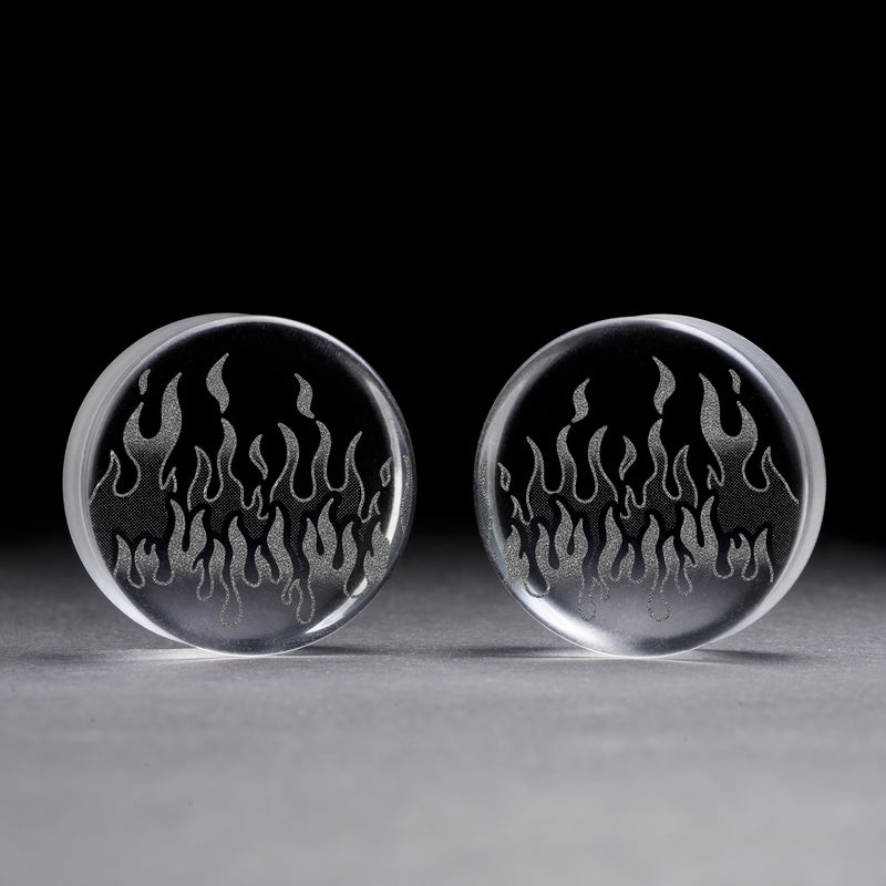 Plug / Gauge Flammes rétro années 90 - Verre transparent | Face plate double évasé