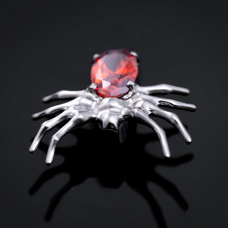 Embout de labret, argent, araignée avec gemme rouge, filetage interne, titane