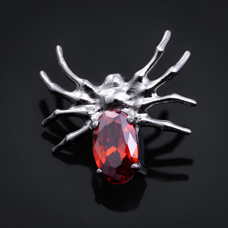 Embout de labret, argent, araignée avec gemme rouge, filetage interne, titane
