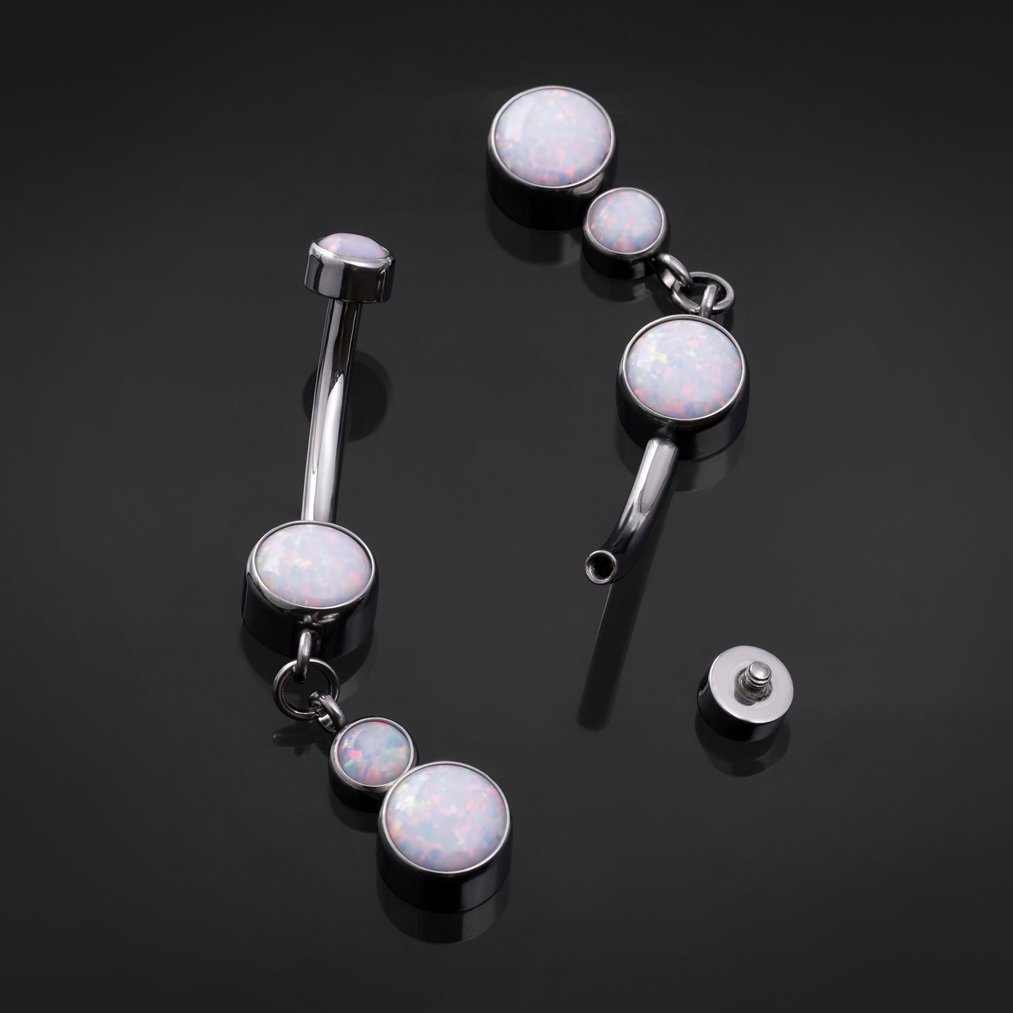 Dangle Belly Bar, Silver, White Opal, Internally Threaded, Titanium, 1.6mm