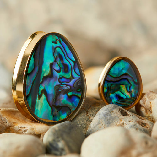 Gold Steel Abalone Teardrop Ear Stretching Plug / Gauge
