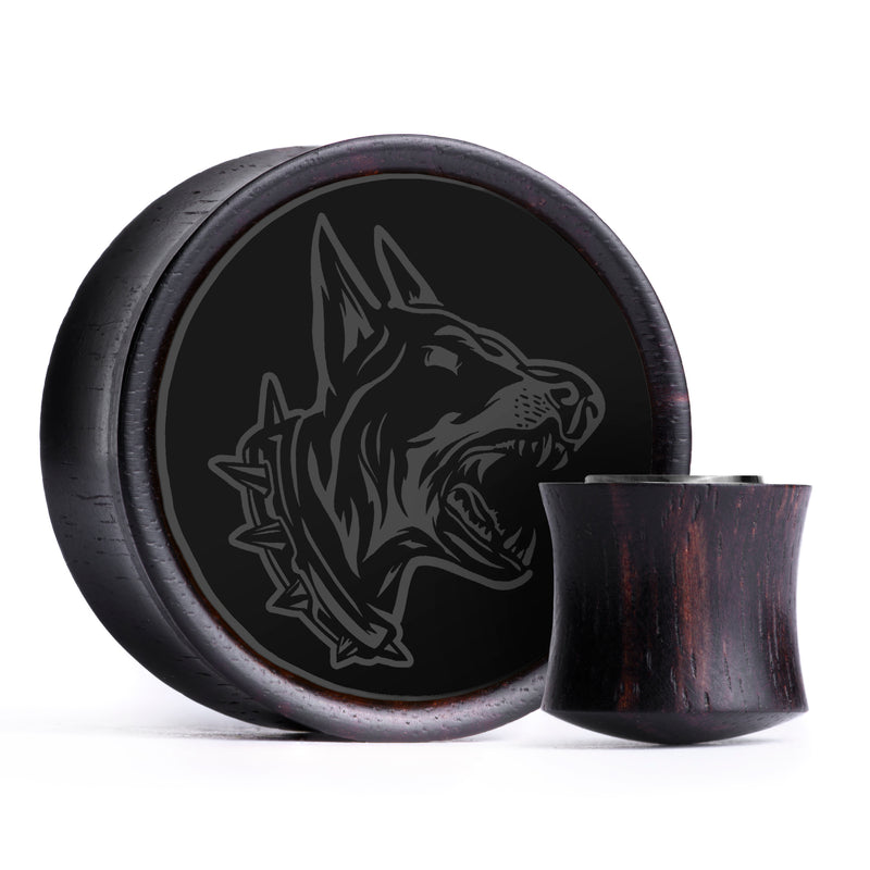 Plug / Gauge Doberman en colère - bois d’ébène à incrustation noire | Double Flare convexe