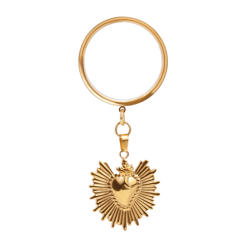 The Auric Sacred Heart Charm Gold Steel Double Flared Tunnel Dangle / Plug / Gauge