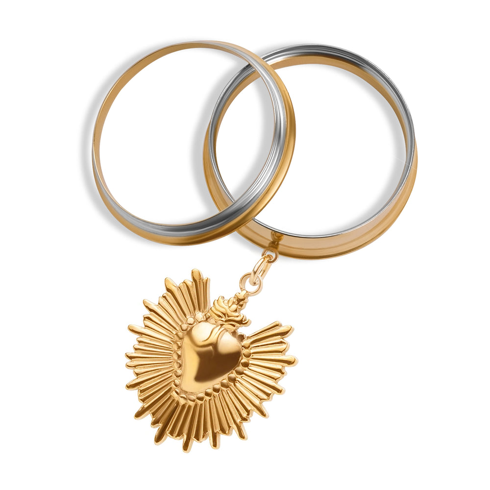 The Auric Sacred Heart Charm Gold Steel Double Flared Tunnel Dangle / Plug / Gauge - Metal Ear Plugs in 6mm (2g) - 30mm (1.18'') Gauge Sizes