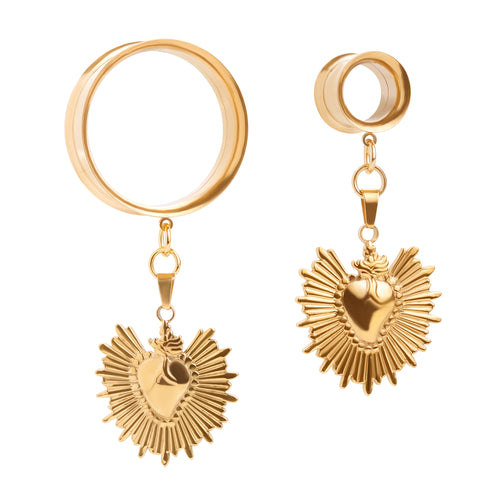The Auric Sacred Heart Charm Gold Steel Double Flared Tunnel Dangle / Plug / Gauge