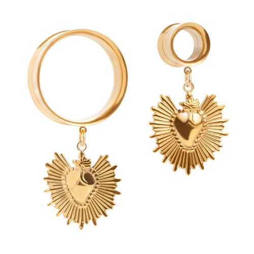 The Auric Sacred Heart Charm Gold Steel Double Flared Tunnel Dangle / Plug / Gauge