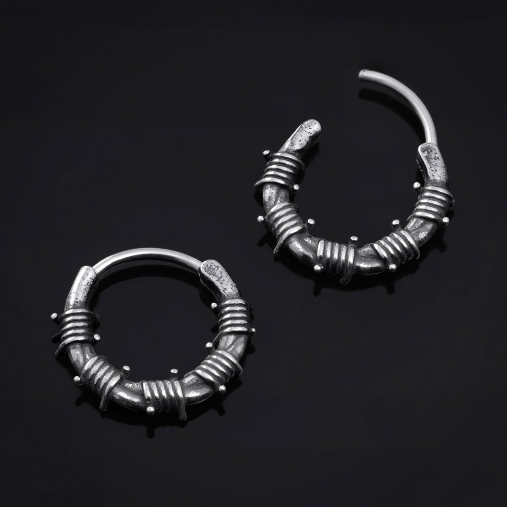 Stainless Steel Gunmetal Grey Barbed Wire Huggie Hoop Earrings (Pair) - 316L Stainless Steel Hoop Earrings / Gunmetal Grey Barbed Wire Huggie Hoops / Alternative Piercings / Barbed Wire Jewellery