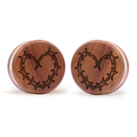 Plug / Gauge Tatouage cœur en fil barbelé - Bois de Saba | Face plate double évasé