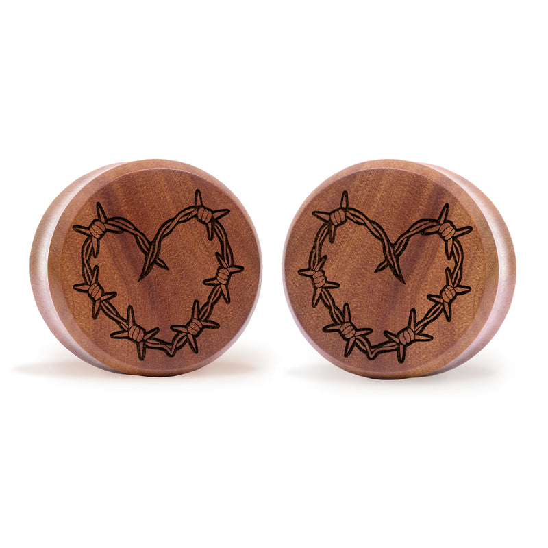 Plug / Gauge Tatouage cœur en fil barbelé - Bois de Saba | Face plate double évasé