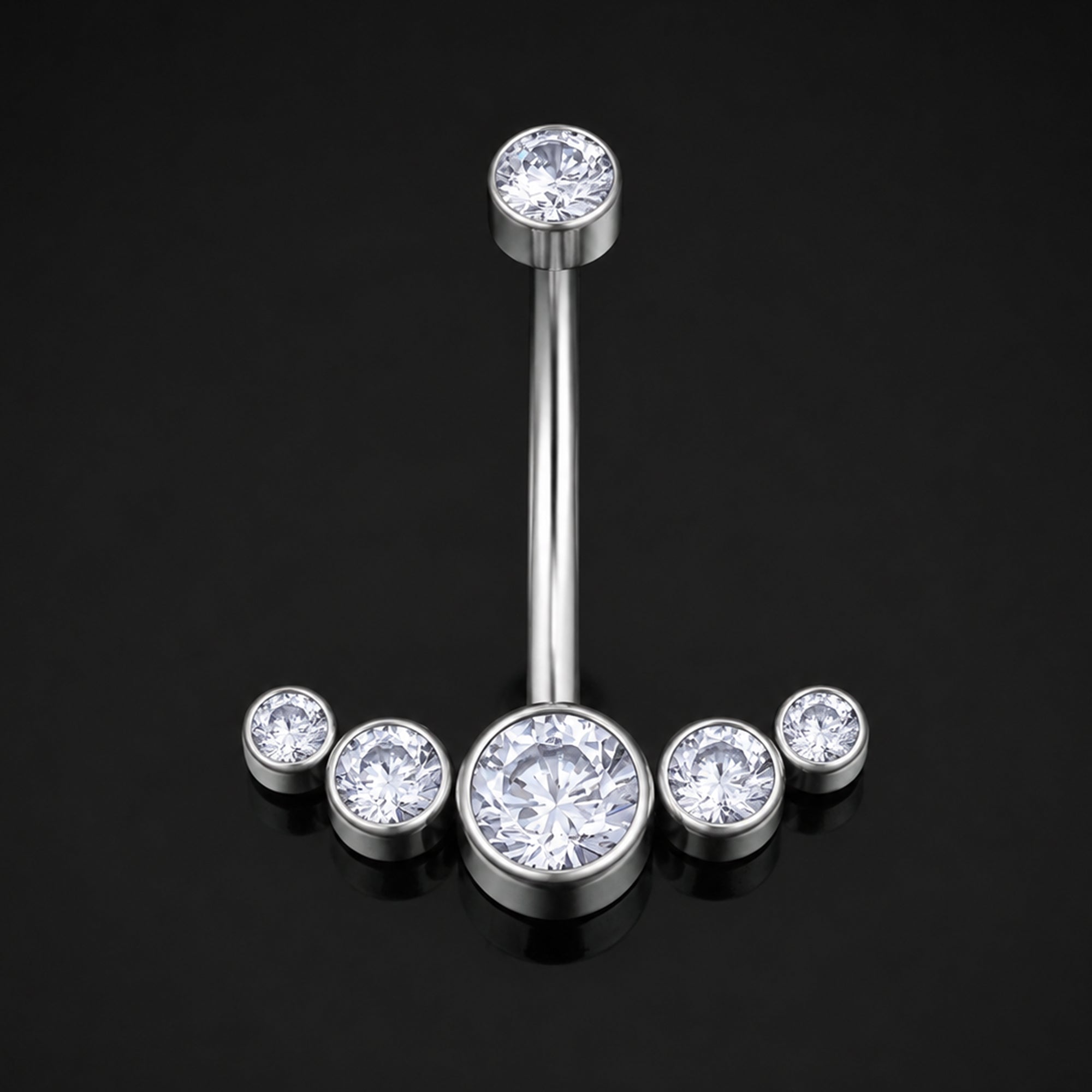 Belly Bar, Silver, Clear Jewelled Cluster, Titanium, Internally Threaded, 1.6mm