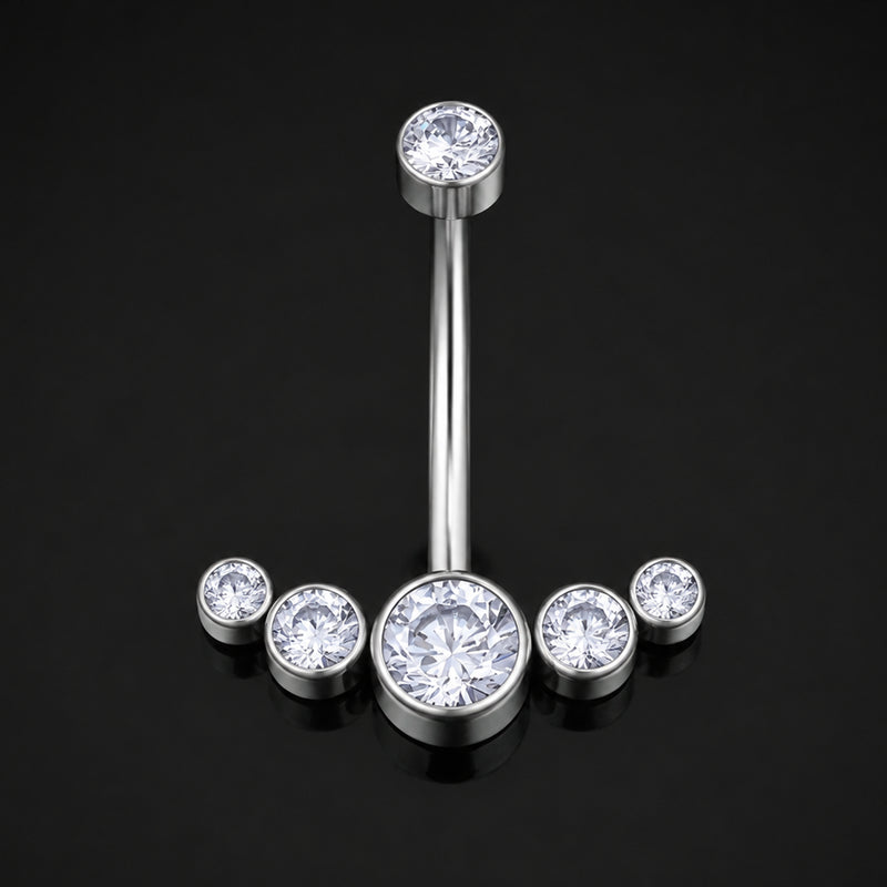 Barre de nombril, argent, grappe de gemmes transparentes, titane, fileté intérieurement, 1.6mm