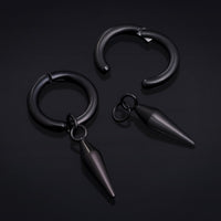 Boucles d'oreilles à clip, noires, créoles avec pendant en pointe, acier inoxydable - paire