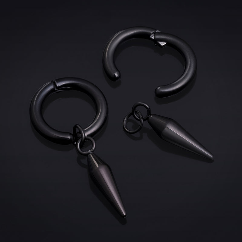 Boucles d'oreilles à clip, noires, créoles avec pendant en pointe, acier inoxydable - paire