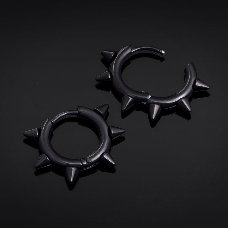 Boucles d’oreilles créoles Huggie, noires, bord à pointes, acier inoxydable - paire