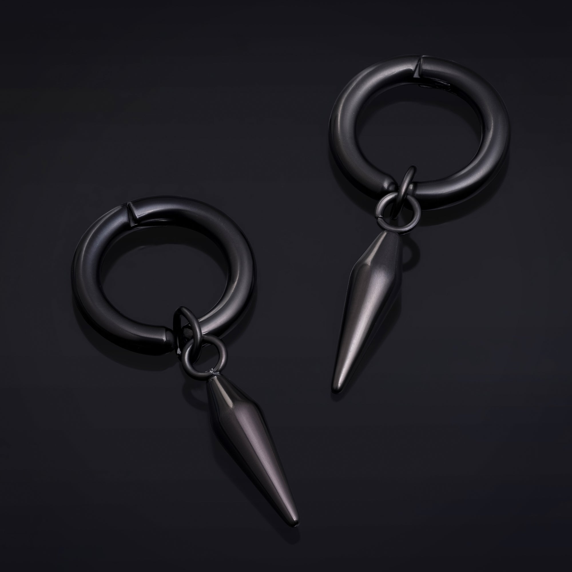 Clip on Earrings, Black, Hoop with Spike Dangle, Stainless Steel - Pair