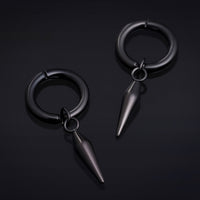 Boucles d'oreilles à clip, noires, créoles avec pendant en pointe, acier inoxydable - paire