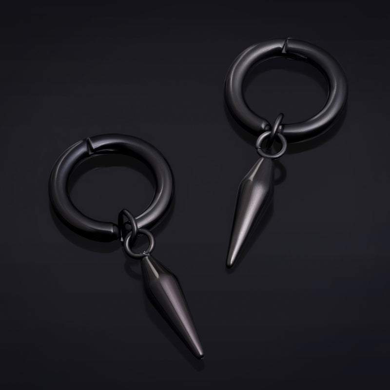 Boucles d'oreilles à clip, noires, créoles avec pendant en pointe, acier inoxydable - paire