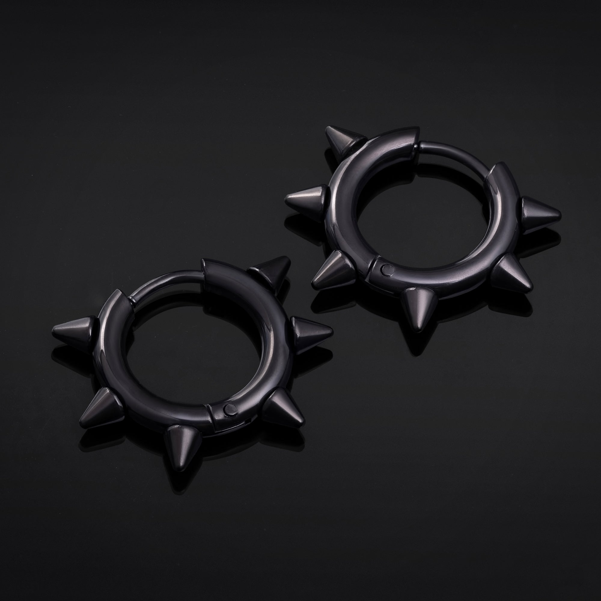 Huggie Hoop Earrings, Black, Spiked Edge, Stainless Steel - Pair