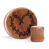 Plug / Gauge Tatouage cœur en fil barbelé - Bois de Saba | Face plate double évasé