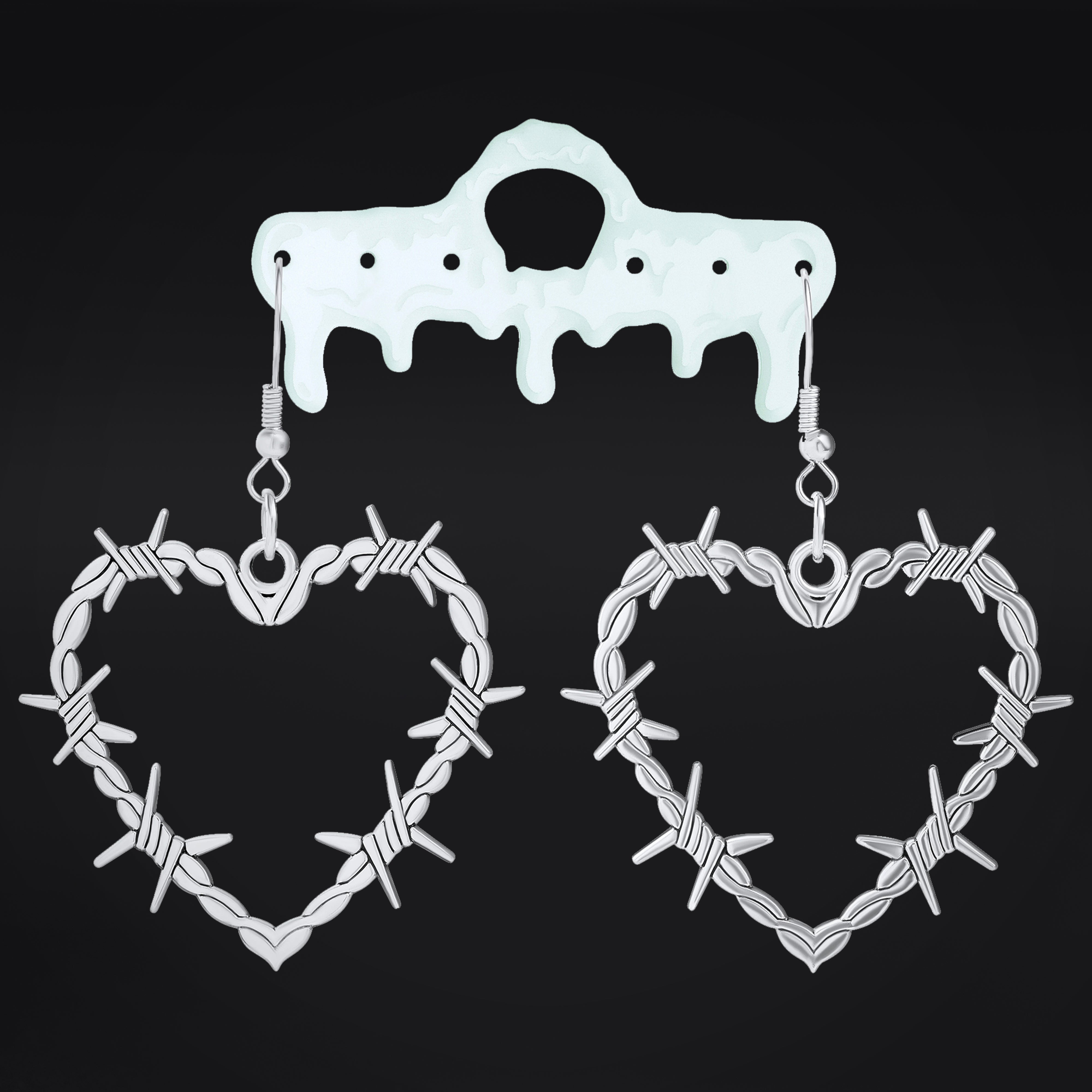Dangle Earrings, Silver, Barbed Wire Heart - Pair
