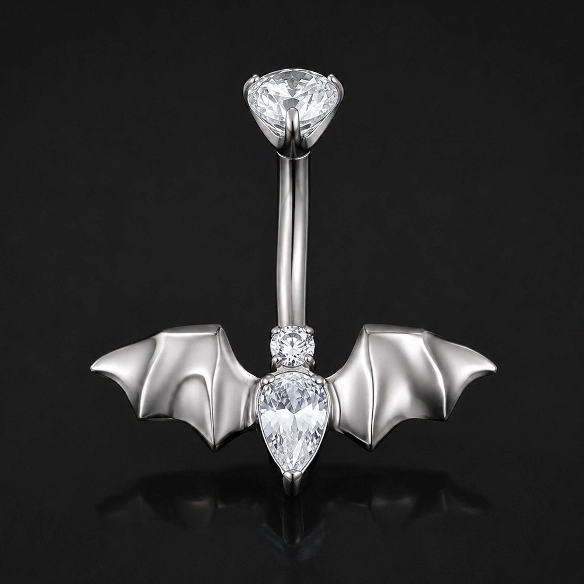 Belly Button Piercing, Silver Jewelled Bat, Internal Thread, Titanium
