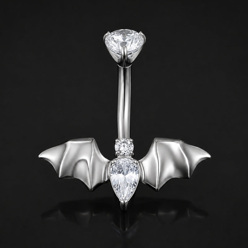 Piercing de nombril, chauve-souris argentée sertie de strass, filetage interne, titane