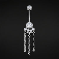 Piercing nombril, pendentif chaîne argentée sertie de strass, filetage interne, titane