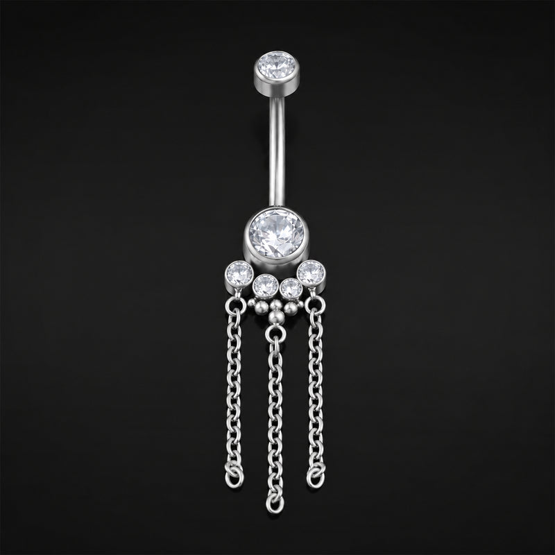 Piercing nombril, pendentif chaîne argentée sertie de strass, filetage interne, titane