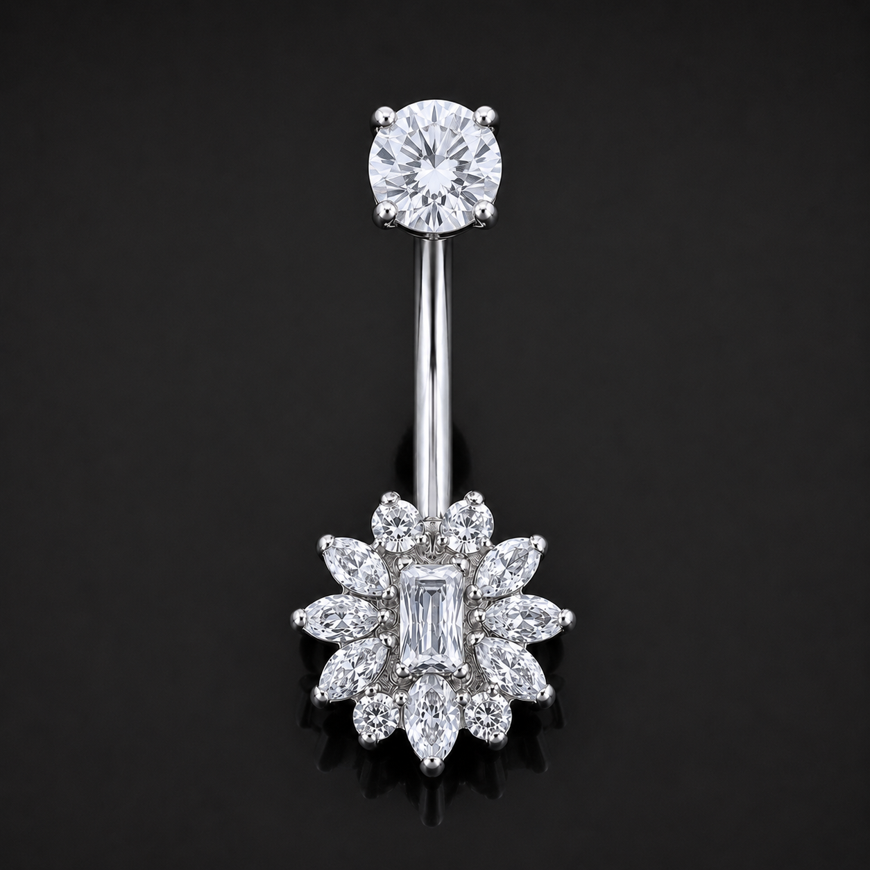 Belly Button Piercing, Silver Jewelled Flower, Internal Thread, Titanium