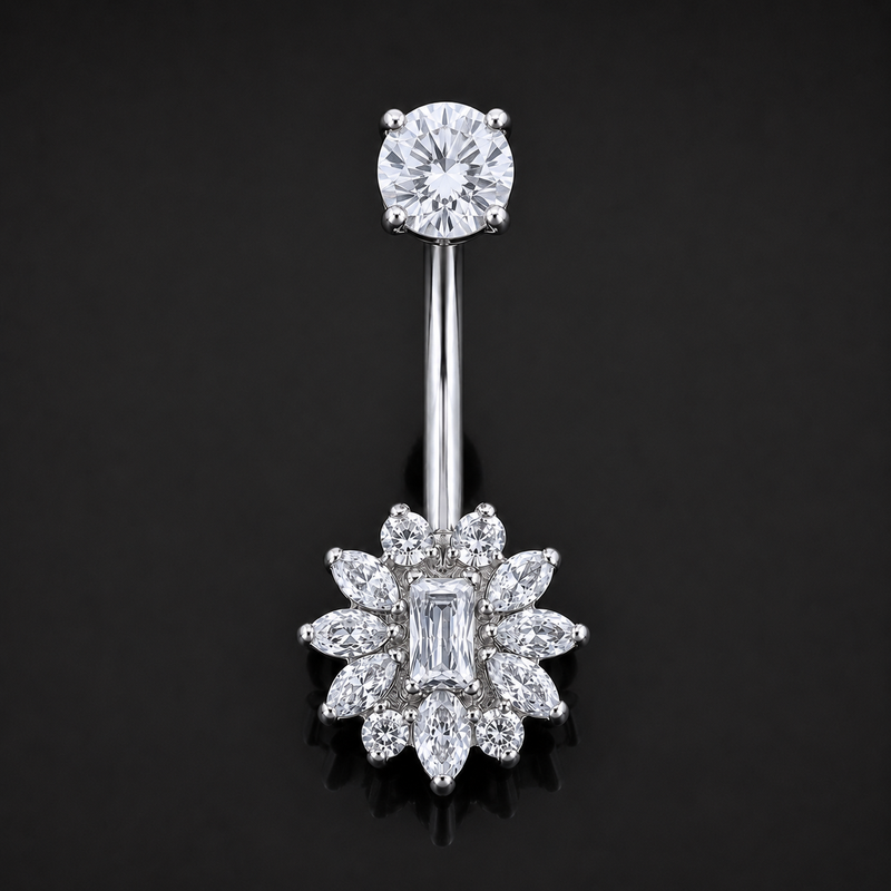 Piercing de nombril, fleur argentée sertie de strass, filetage interne, titane