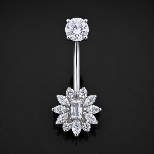Bauchnabelpiercing, Silber, Doppelter lila CZ-Tropfenstein, Innengewinde, Titan, 1,6 mm Stärke