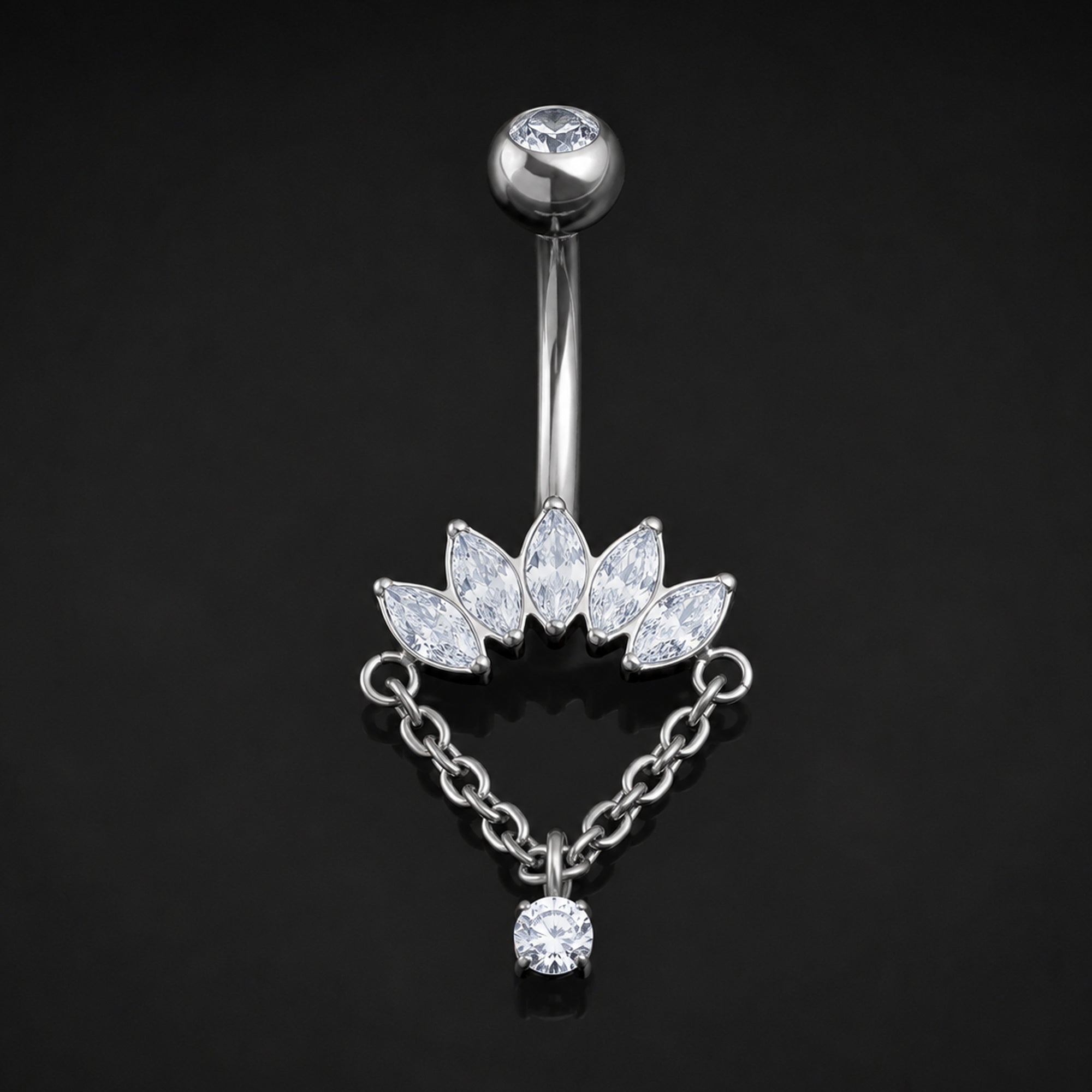 Belly Button Piercing, Silver Jewelled Half Flower, Internal Thread, Titanium