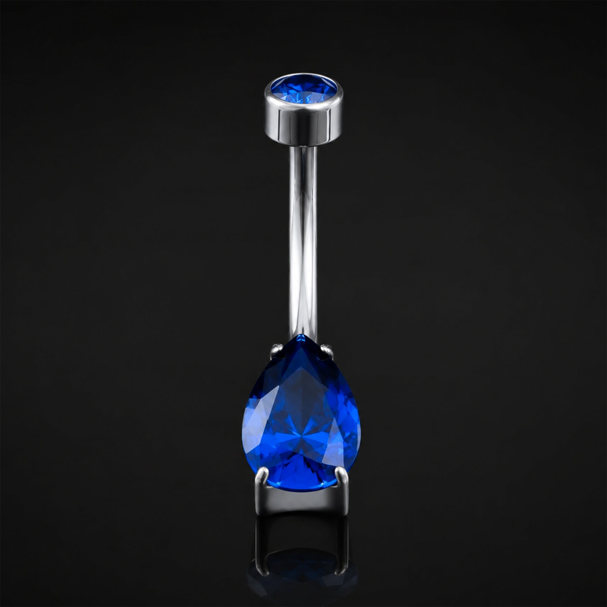 Belly Button Piercing, Silver, Dark Blue CZ Teardrop Stone, Internal Thread, Titanium